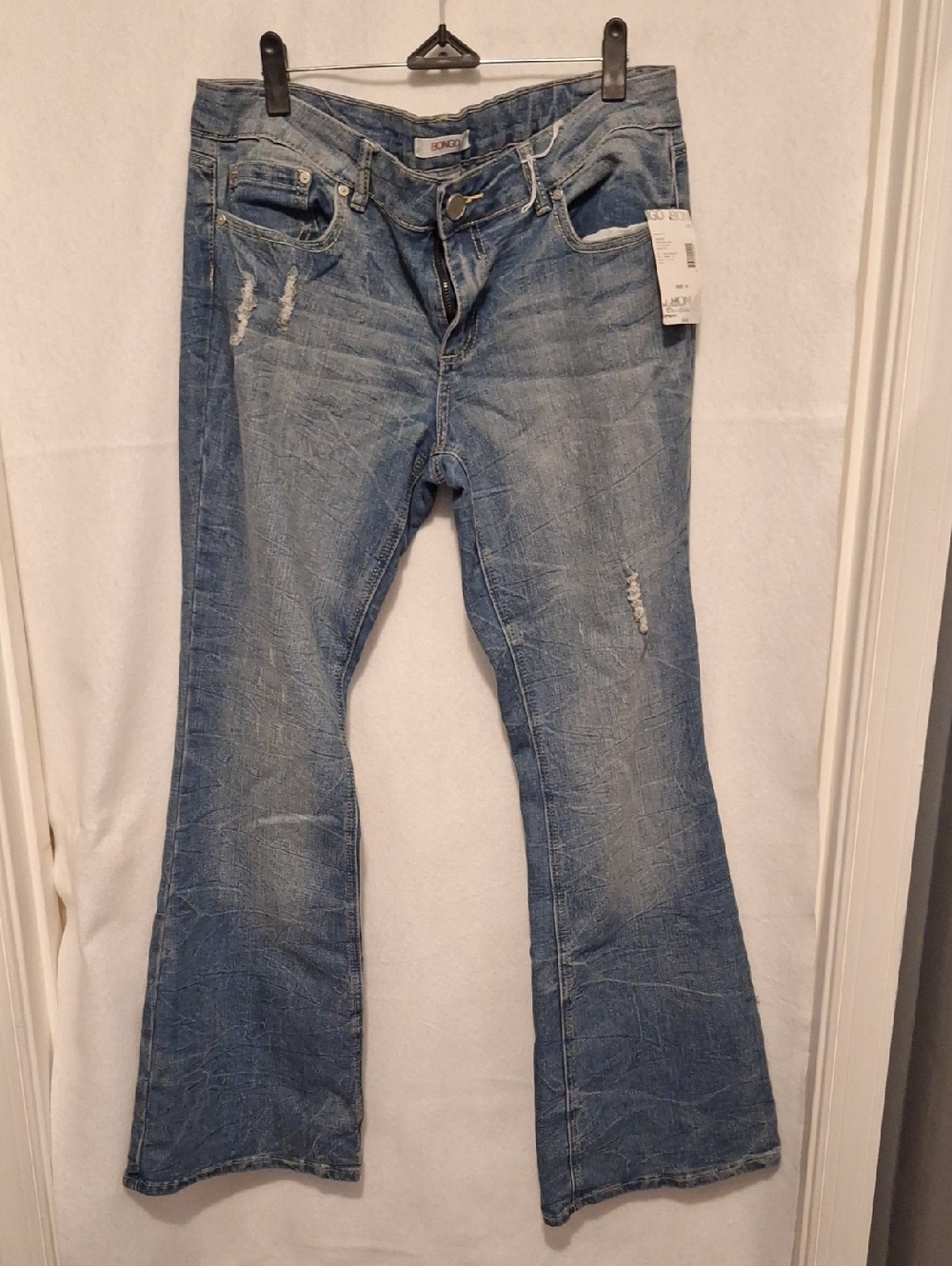 BONGO Medium Wash Flare Jeans with Distressed Details